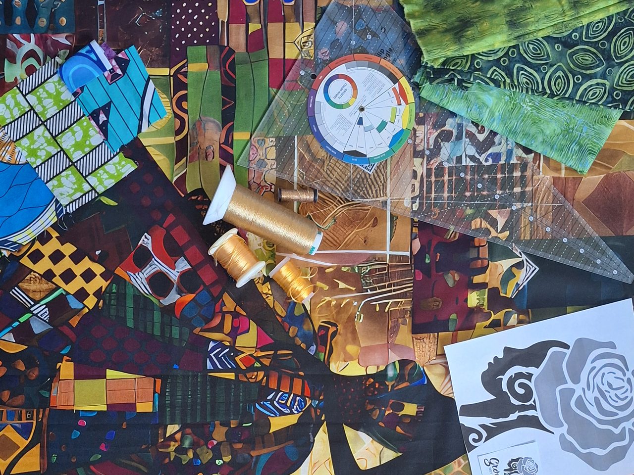 Jewel-tone fabrics, gold thread, a color wheel, and quilting tools laid out in design